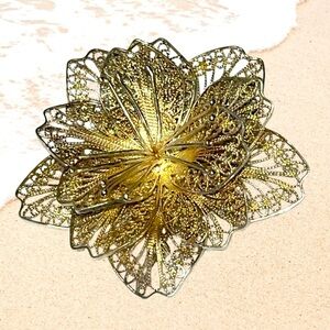 Vintage Elegant Sterling Silver Filigree Flower Brooch, engraved by designer